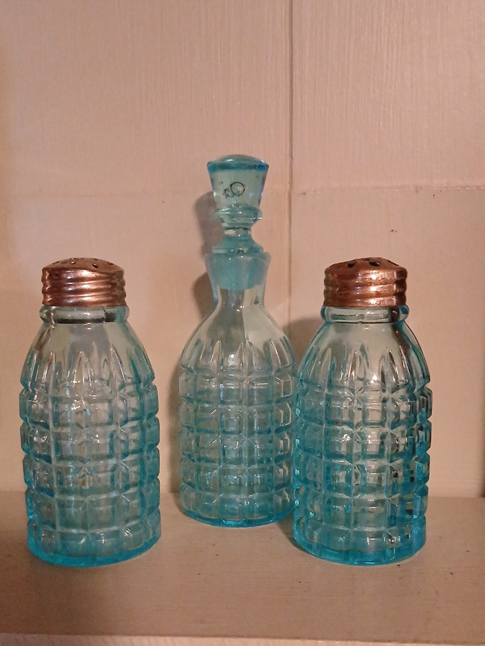 Vintage Blue Glass Salt and Pepper Shakers with Vinegar Bottle.